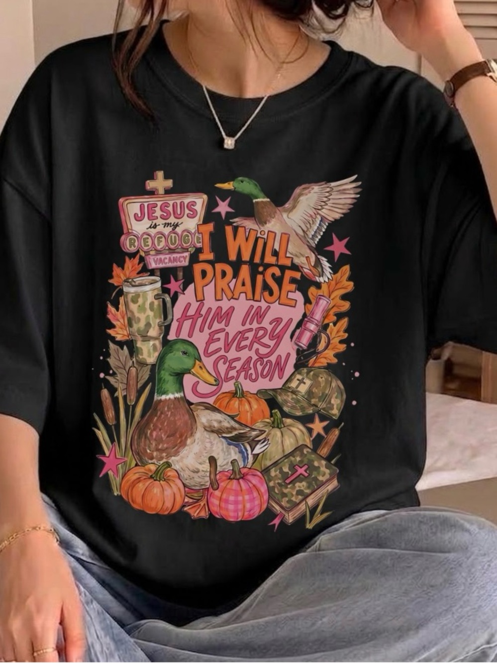 Jesus Mallard Duck I Will Praise Him In Every Season Western Retro T-shirt